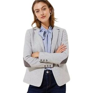 LOFT NWT Grey Herringbone Knit Blazer Jacket Single Breasted Elbow Patches